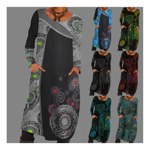 Vestido Estilo Étnico Estampado Con Jersey Otoño E Invierno