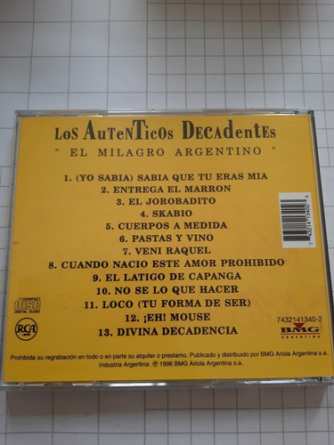 Los Auténticos Decadentes El Milagro Argentino. Cd