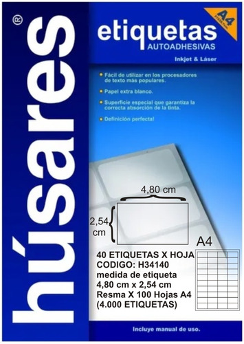 Etiquetas Autoadhesivas Husares H34140 A4 (4,80x2,54cm)
