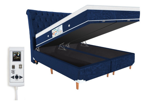 Colchão Magnético Queen Massageador + Cama Box Baú + Cabecei Cor Azul