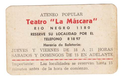 1958 Calendario Ateneo Popular Teatro La Mascara Montevideo