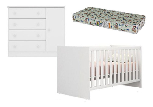 Jogo Quarto Bebê Completo Berço Colchão D-18 Roupeiro Cômoda