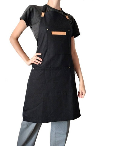 Imagen 1 de 4 de Delantal Denim Jean Y Cuero Con Porta Repasador Bolsillos