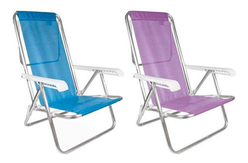 Kit 2 Cadeira Praia 8 Posições Reclinável Alumínio Mor Cor Azul E Rosa