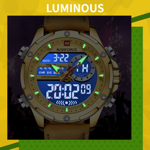 Relógios de couro Naviforce Luminous LED para homens, cor de moldura dourado/verde