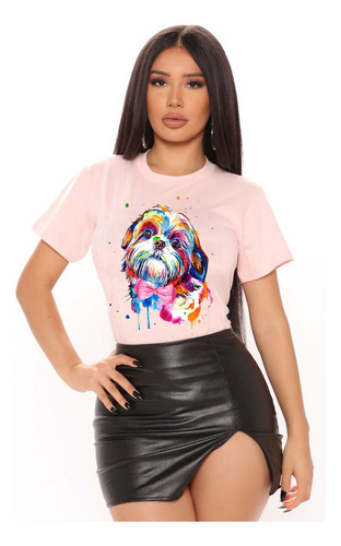 Polera Estampada Dama 100%algodón Shih Tzu Colores 581