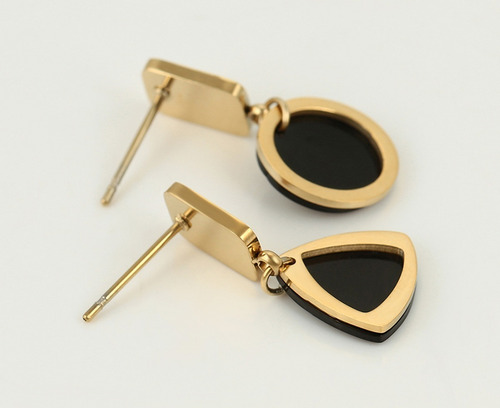 Arete Colgantes Oro 18k Lam Negro Circulo Triangulo Mujer