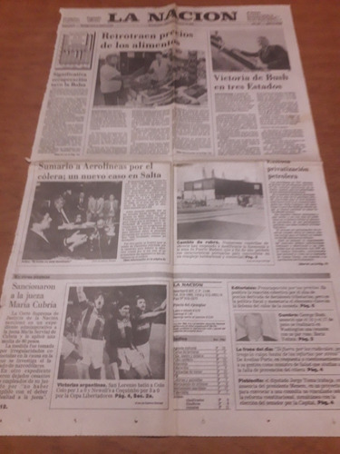 Tapa Diario La Nación 04 03 1992 San Lorenzo Colera Salta 