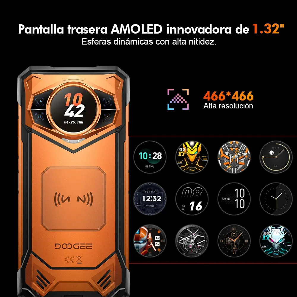 DOOGEE S200E 5G AI Celular Resistente Android 16,Pantalla Trasera Multifunción de 1,32",48GB+256GB/2TB,100MP+20MP Teléfono Robusto,10100mAh 33W,6.72" FHD+120Hz con Auriculares,NFC/Face ID/WiFi6/IP68 G