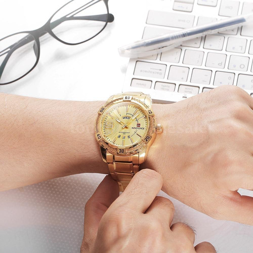 Relógio Masculino Original Analógico Pulseira Em Aço Dourado