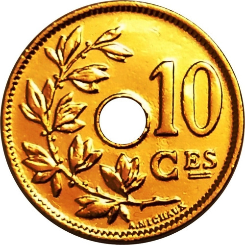 Bélgica Moneda De 10 Centimes Año 1928 Bañada Con Oro 24k 