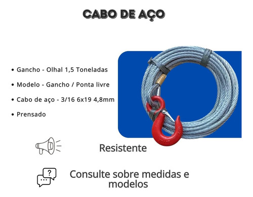20m Cabo Aço Guincho Elétrico 3/16 6x19 Com Gancho 1,5 T