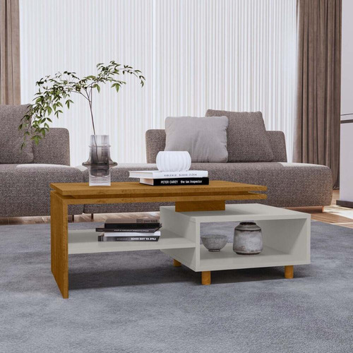 Mesa De Centro Com Nichos E Pés 90cm Multimóveis Cr45279 Cor Naturalle/Off White