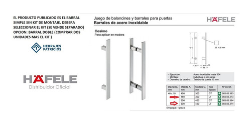 Imagen 2 de 5 de Manijón Recto 600mm Cosimo Gt Hafele 903.03.384 Acero Inox.