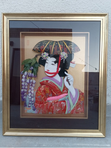 Cuadro Japonés Mujer Flores 65x70 Cm Madera Vidrio