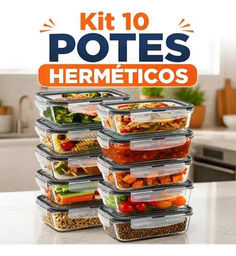 Kit 10 Potes Herméticos De  Vidro 640ml Kit Marmita Fitness Transparente
