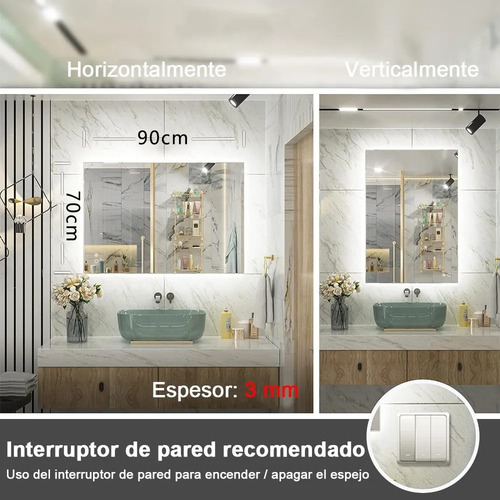Banna, Espejo De Baño Led 70x90cm Táctil Función Antivaho, Espejo Led Táctil Con Retroiluminación Espejo Led Espejo Rectangular Espejo Inteligente
