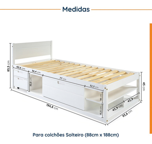 Cama Solteiro Multifuncional Madeira Maciça Irara Wt