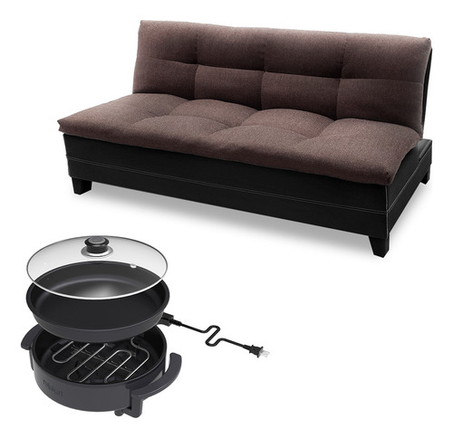 Sofá Cama Sagitario + Sartén Eléctrico Color Café Diseño De La Tela Lisa
