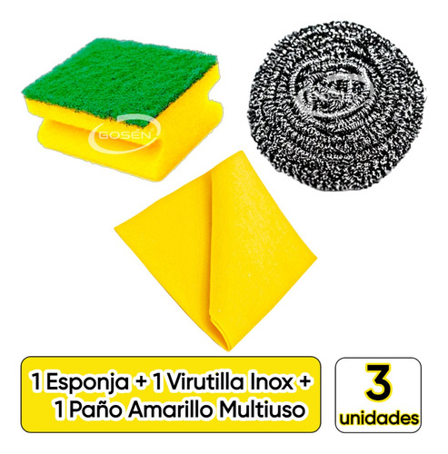 Pack Esponja Acanalada Loza + Virutilla Inox + Paño Multiuso