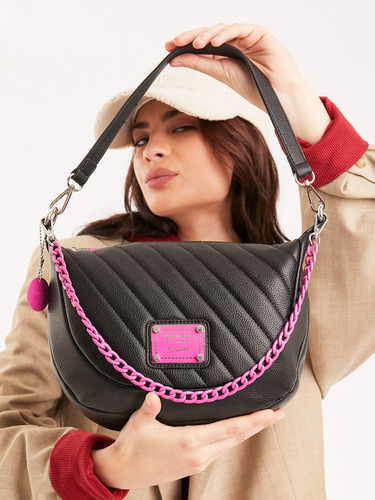 Cartera De Hombro Andes Chica Tote Juanita Jo Mujer Dama Negro Con Fucsia Lisa