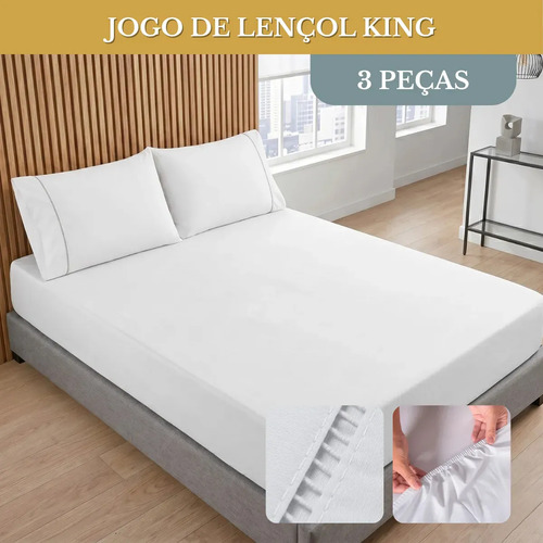 Jogo De Lençol Cama King Size 03 Peças 400 Fios Ponto Palito Toque Suave Macio Cor Branco