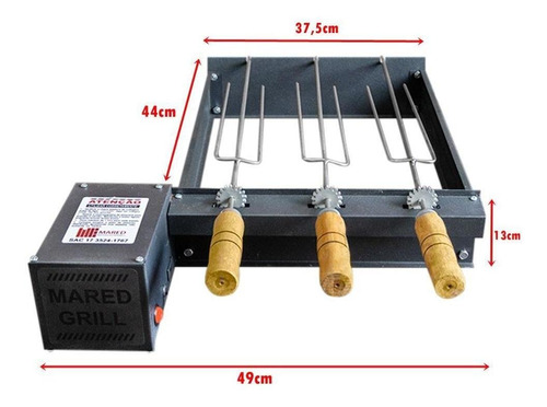 Churrasqueira Giratória Inox Grill Preta 3 Espetos Bivolt