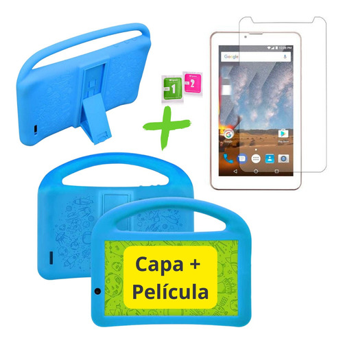 Case Azul Com Suporte Mão Para Tablet 7 Polegadas + Película