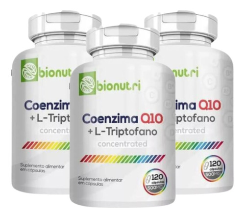 Kit 3 Coenzima Cq10 L Tripofano 500mg Suplemento 120 Capsula