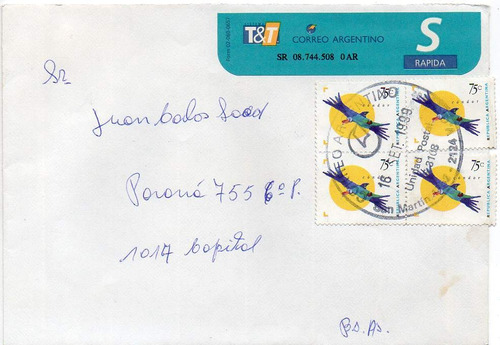 Argentina 1999. Sobre Por Carta Rápida Con Un Cuadro Del 75c Condor, 3a Tirada (tinta Amarilla Fosforescente)