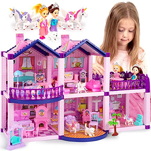 Dollhouse W/princesses, 4 Unicorns And Dog Dolls - D91mf