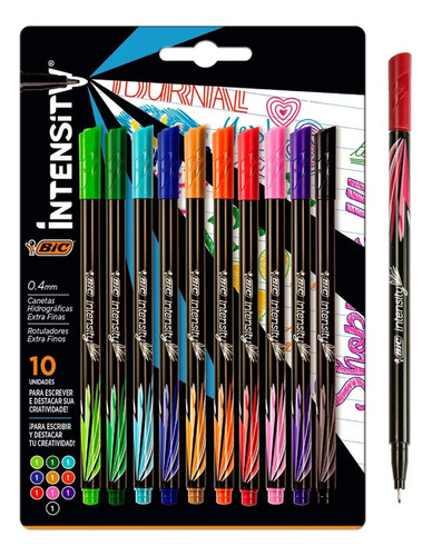 Jogo Caneta Bic Intensity Ponta Extra Fina 0,4mm C/ 10 Cores Cor da tinta Colorida Cor do exterior Preto