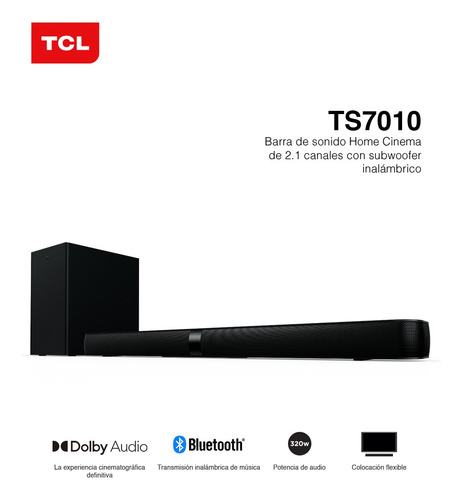 Color Negro para TV con subwoofer Barra de Sonido TCL TS5010 Bluetooth, Canal de Sonido 2.1, 120 vatios, Dolby Digital, Entrada AUX de 3,5 mm, Mando a Distancia 80 cm 