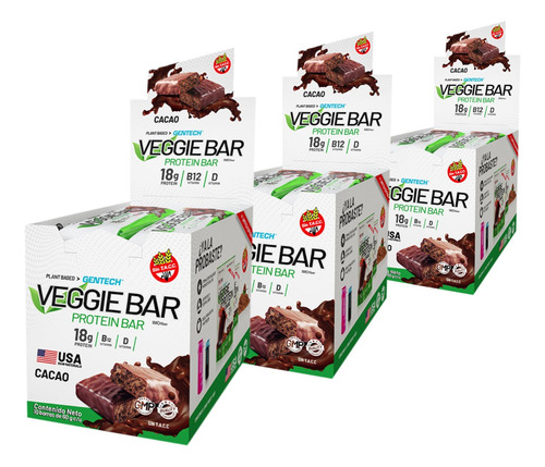 3 Veggie Bar Low Carb Snack Gentech 30 Barra Proteína Vegana