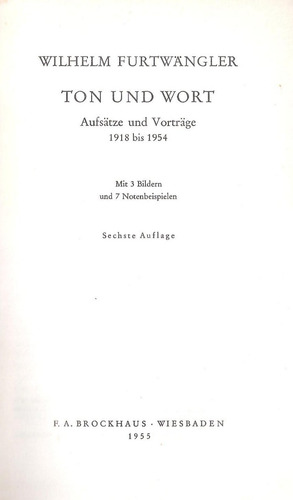 Furtwangler, Ton Und Wort, Ensayos Y Conferencias, En Alemán (Usado)