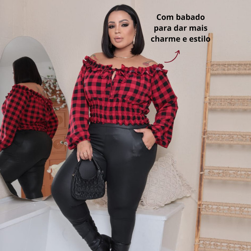 Cropped Xadrez Plus Size Manga Longa Ciganinha Festa Junina