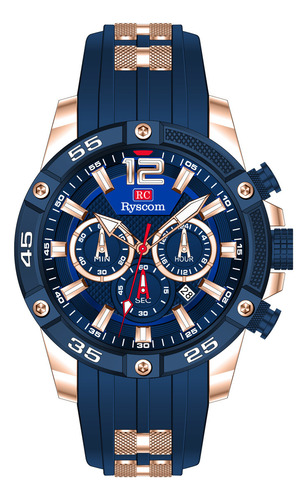 Reloj Para Hombre Marca Ryscom Sub Esferas Minutos Segundos Correa De Silicona Caja De Acero Inoxidble Mancillas Luminosas Verde Por La Noche Deportivo 3atm Calendario Azul Con Dorado