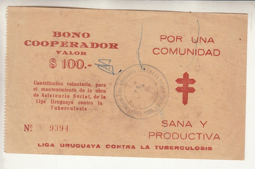 Antiguo Bono Cooperador Liga Uruguaya Contra La Tuberculosis