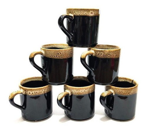 Jogo 6 Xícara Café 60 Ml Porcelana Preta Borda Caneca Cafe