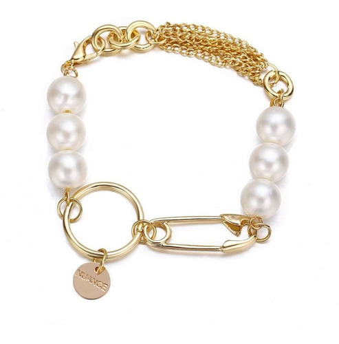 Pulsera De Perlas Blancas Con Clip Y Cadena Doradas De Moda