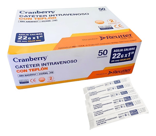 Cateter Intravenoso 22g X 1 C/teflon 50un. Cranberry