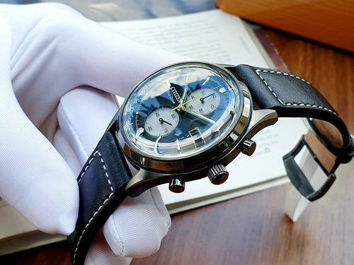 Citizen Chandler Black Leather Chrono Ca7027-08e Color de la correa Negro Color del bisel Plata Color del fondo Negro