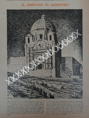 Grabado Antiguo 1943 El Obispado Monterrey, Dibujo Leonel Ga