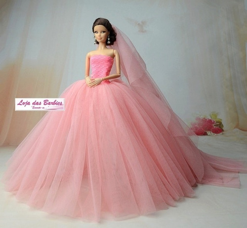 Kit P/ Boneca Barbie Noiva Vestido Luva Véu Sapato Coroa E +