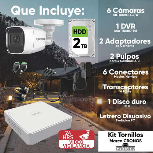 Epcom Kit De Seguridad De Video Vigilancia Metalicas Con Microfono Integrado Modelo B8-mic-plus6-sc+2tb 2mp Con Disco Duro 2tb Cctv Cámaras Bala Con Audio Por Coaxitron Turbohd 1080p Lite