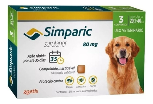 Antipulga Simparic 80 Mg 20 A 40 Kg 3 Comprimidos Original