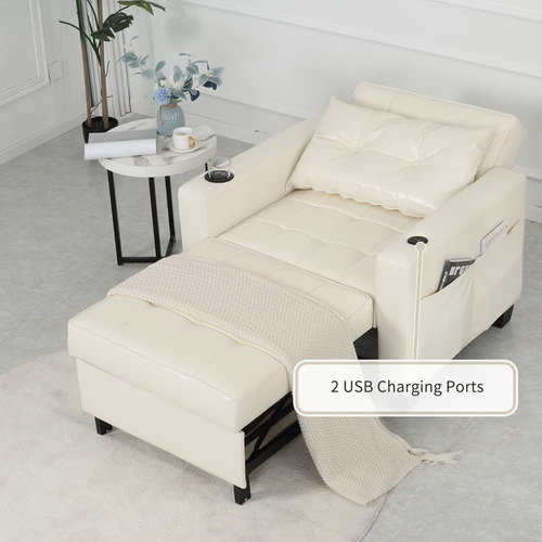 Sofá Cama C/puerto Usb 3 En 1; Faux Leather Blanco Duraspace