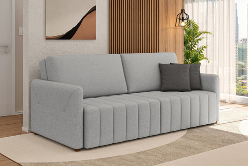 Sofá Retrátil Cama Alice 2,20m - 3 Lug. Encosto Deslizante Cor Cinza Desenho Do Tecido Veludo