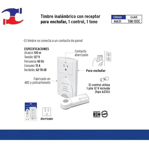 Timbre Inalambrico 1 Control 1 Contacto 1 Tono Volteck 46631