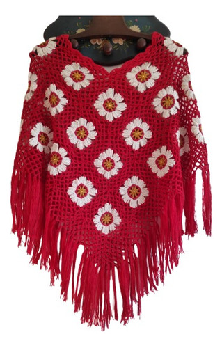 Ponchos Tejido A Crochet  Rojo Lana Flores Blancas